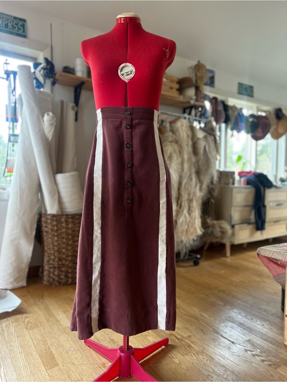 One-of-a -kind Christy Dawn Burgundy Midi Skirt with Ivory Side Stripes